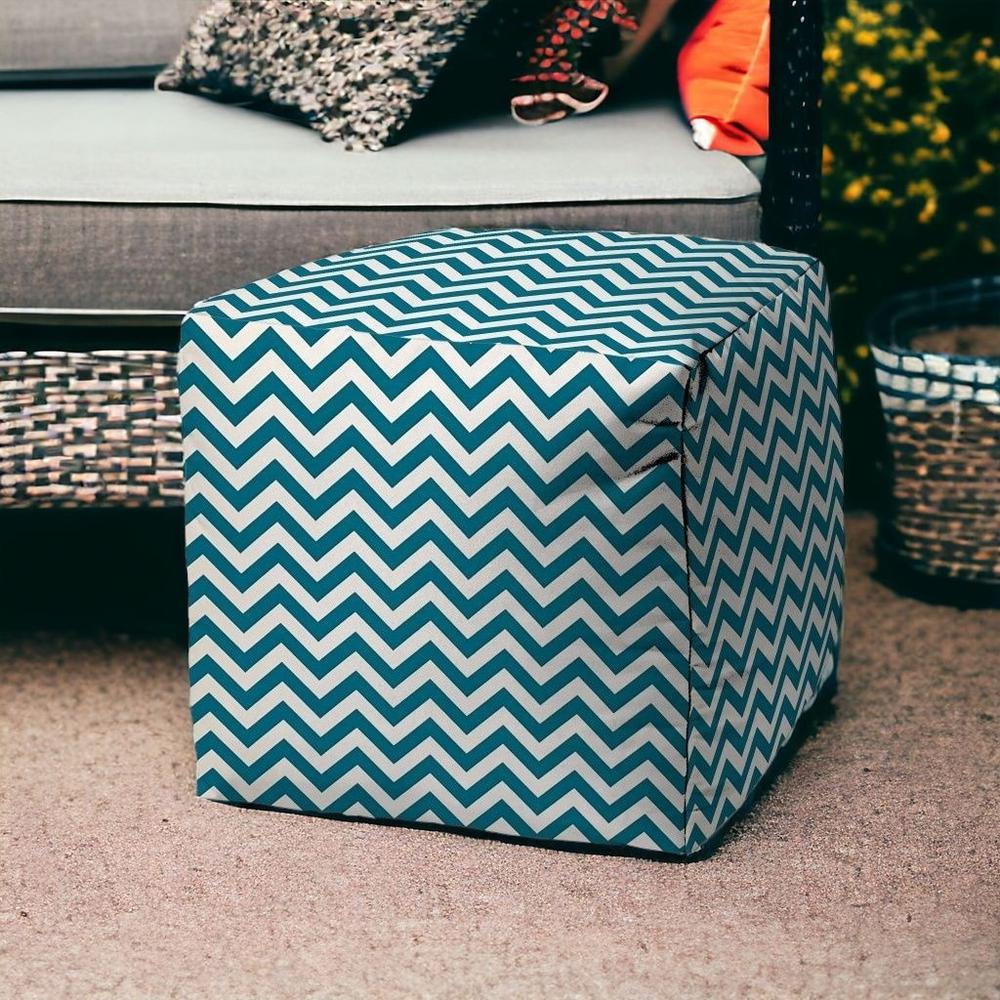 17" Blue and White Polyester Cube Chevron Indoor Outdoor Pouf Ottoman. Picture 2