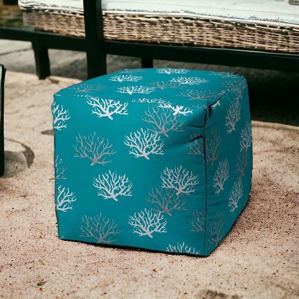 17" Blue and White Polyester Cube Coral Indoor Outdoor Pouf Ottoman. Picture 2
