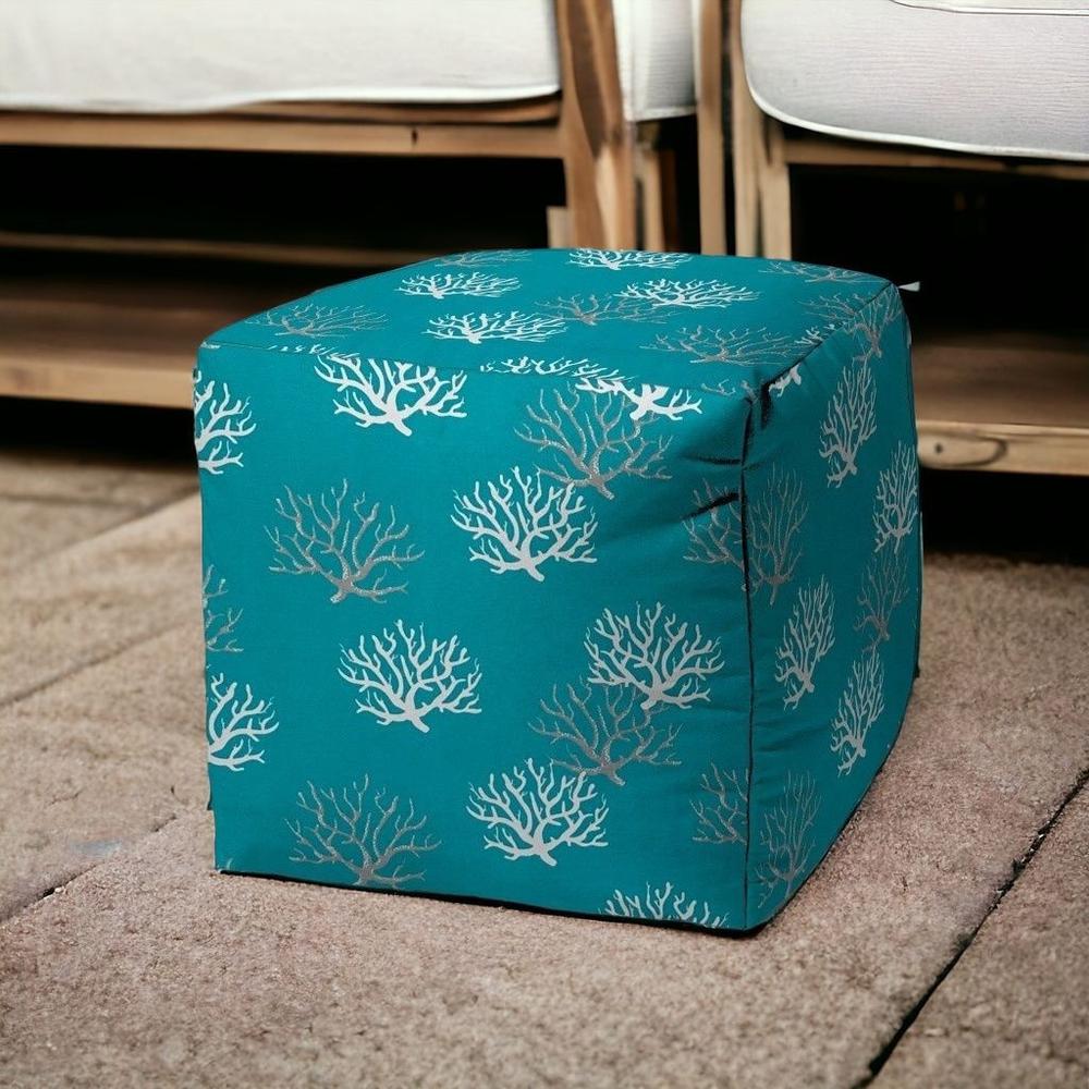 17" Blue and White Polyester Cube Coral Indoor Outdoor Pouf Ottoman. Picture 2