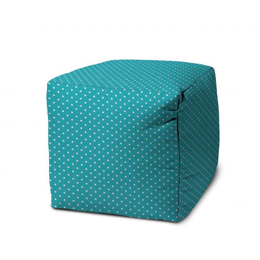 17" Turquoise Polyester Cube Polka Dots Indoor Outdoor Pouf Ottoman. Picture 1