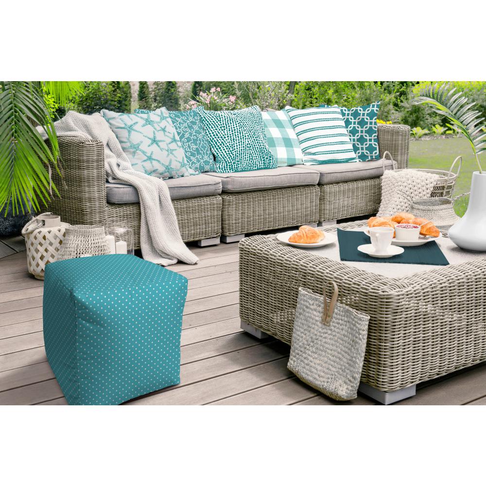 17" Turquoise Polyester Cube Polka Dots Indoor Outdoor Pouf Ottoman. Picture 3