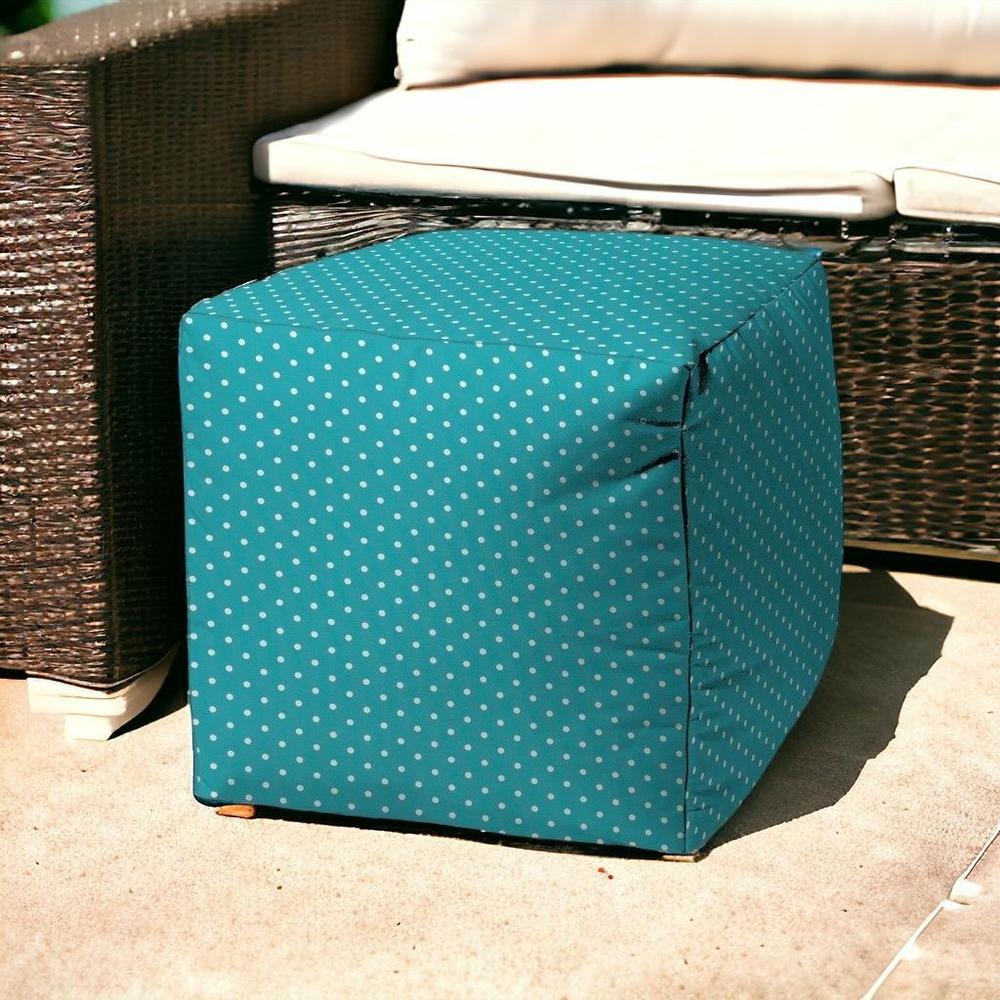 17" Turquoise Polyester Cube Polka Dots Indoor Outdoor Pouf Ottoman. Picture 2