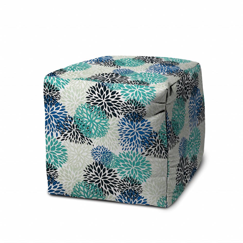 17" Blue Polyester Cube Floral Indoor Outdoor Pouf Ottoman. Picture 1