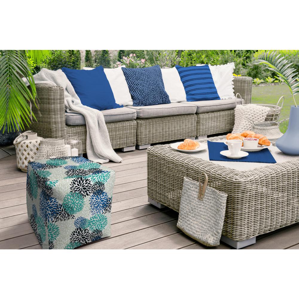 17" Blue Polyester Cube Floral Indoor Outdoor Pouf Ottoman. Picture 3