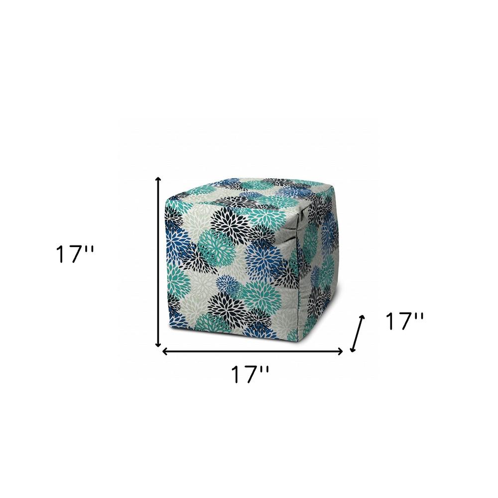 17" Blue Polyester Cube Floral Indoor Outdoor Pouf Ottoman. Picture 5