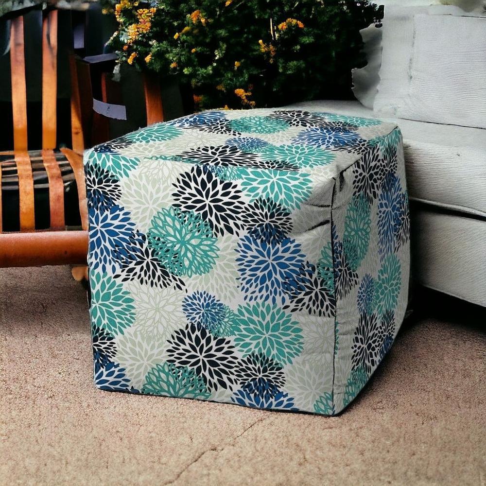 17" Blue Polyester Cube Floral Indoor Outdoor Pouf Ottoman. Picture 2