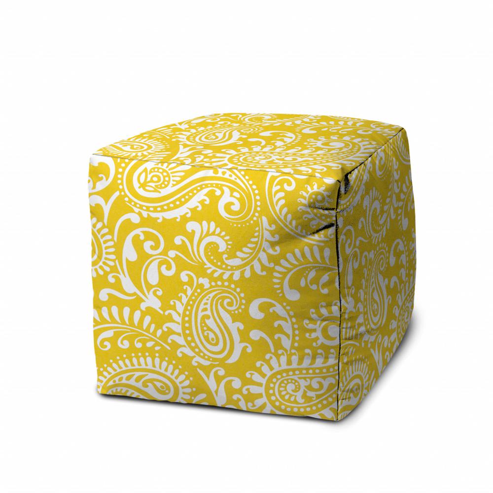 17" Yellow Polyester Cube Paisley Indoor Outdoor Pouf Ottoman. Picture 1