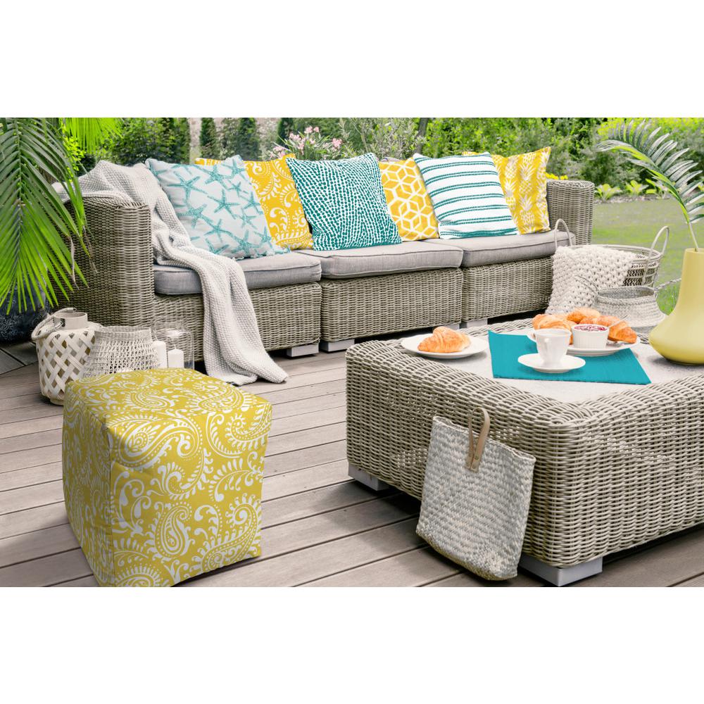 17" Yellow Polyester Cube Paisley Indoor Outdoor Pouf Ottoman. Picture 3