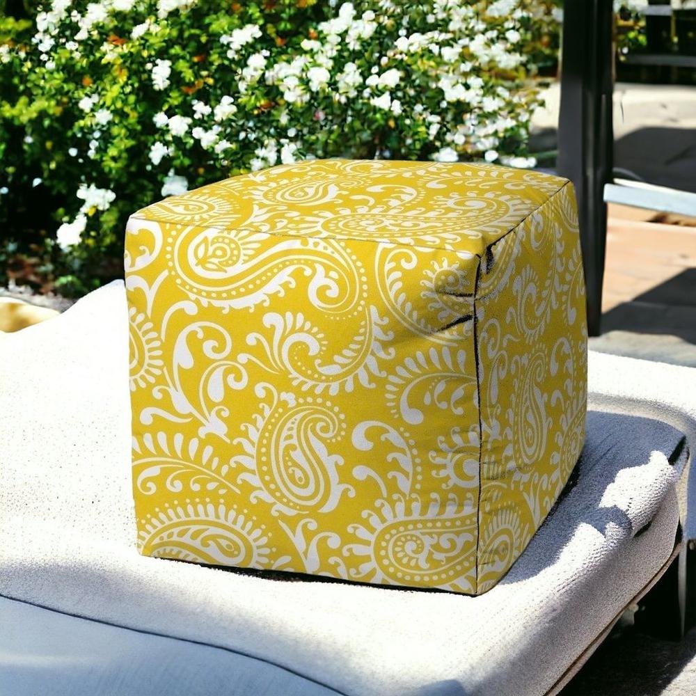 17" Yellow Polyester Cube Paisley Indoor Outdoor Pouf Ottoman. Picture 2