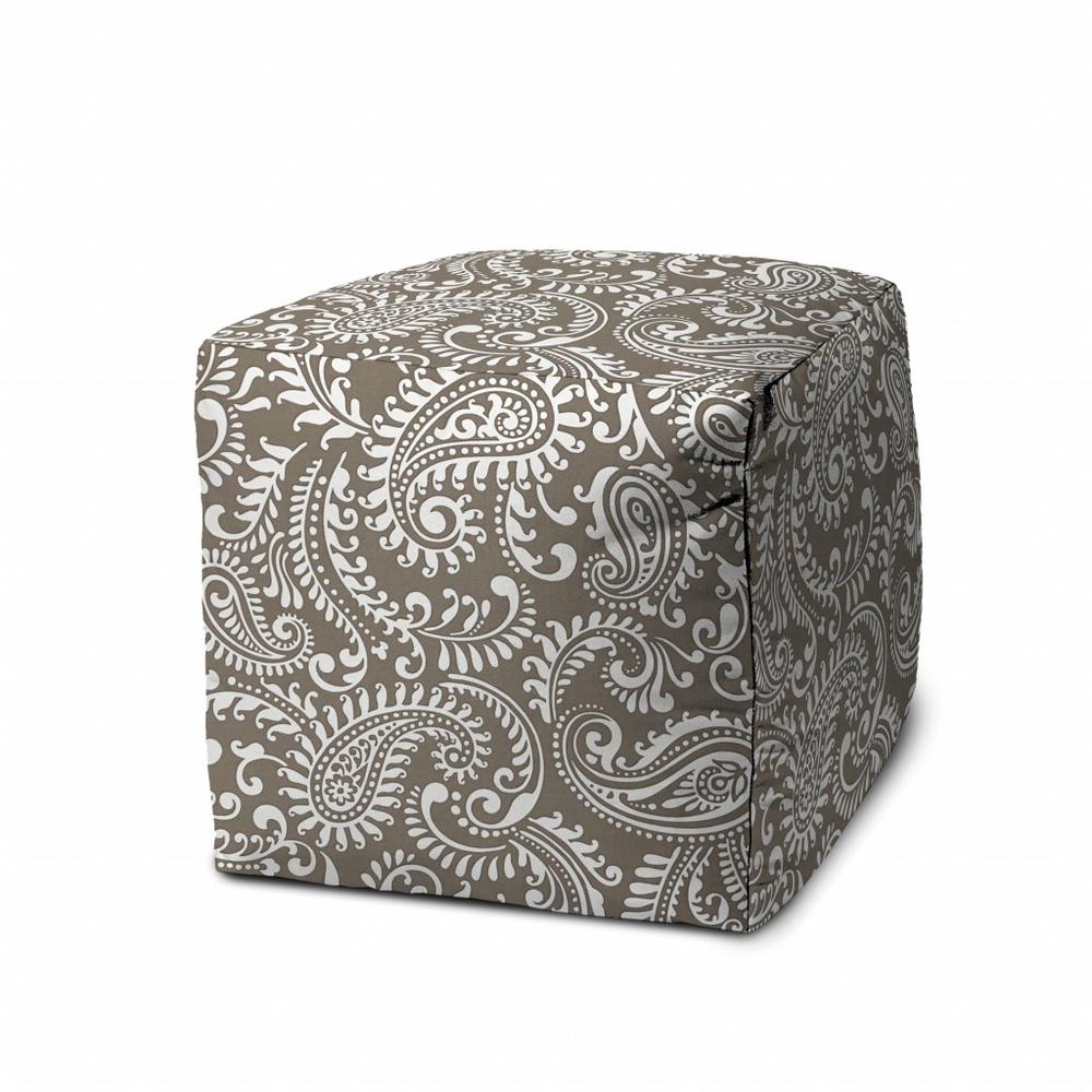 17" Taupe Polyester Cube Paisley Indoor Outdoor Pouf Ottoman. Picture 1