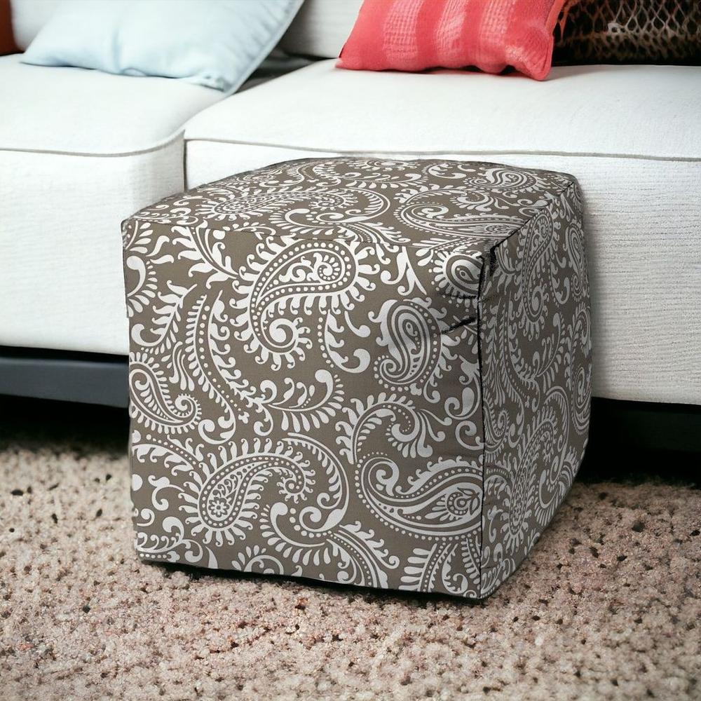 17" Taupe Polyester Cube Paisley Indoor Outdoor Pouf Ottoman. Picture 2