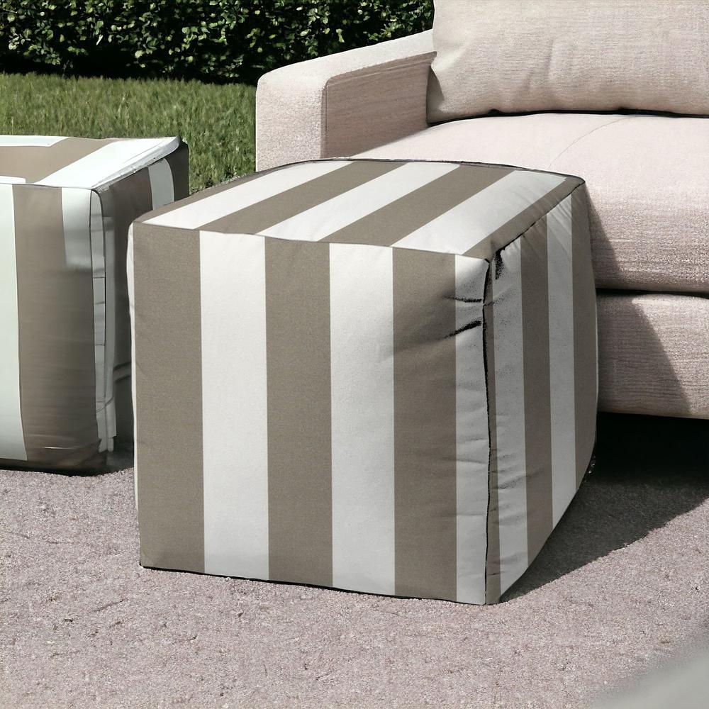 17" Taupe Polyester Cube Striped Indoor Outdoor Pouf Ottoman. Picture 2