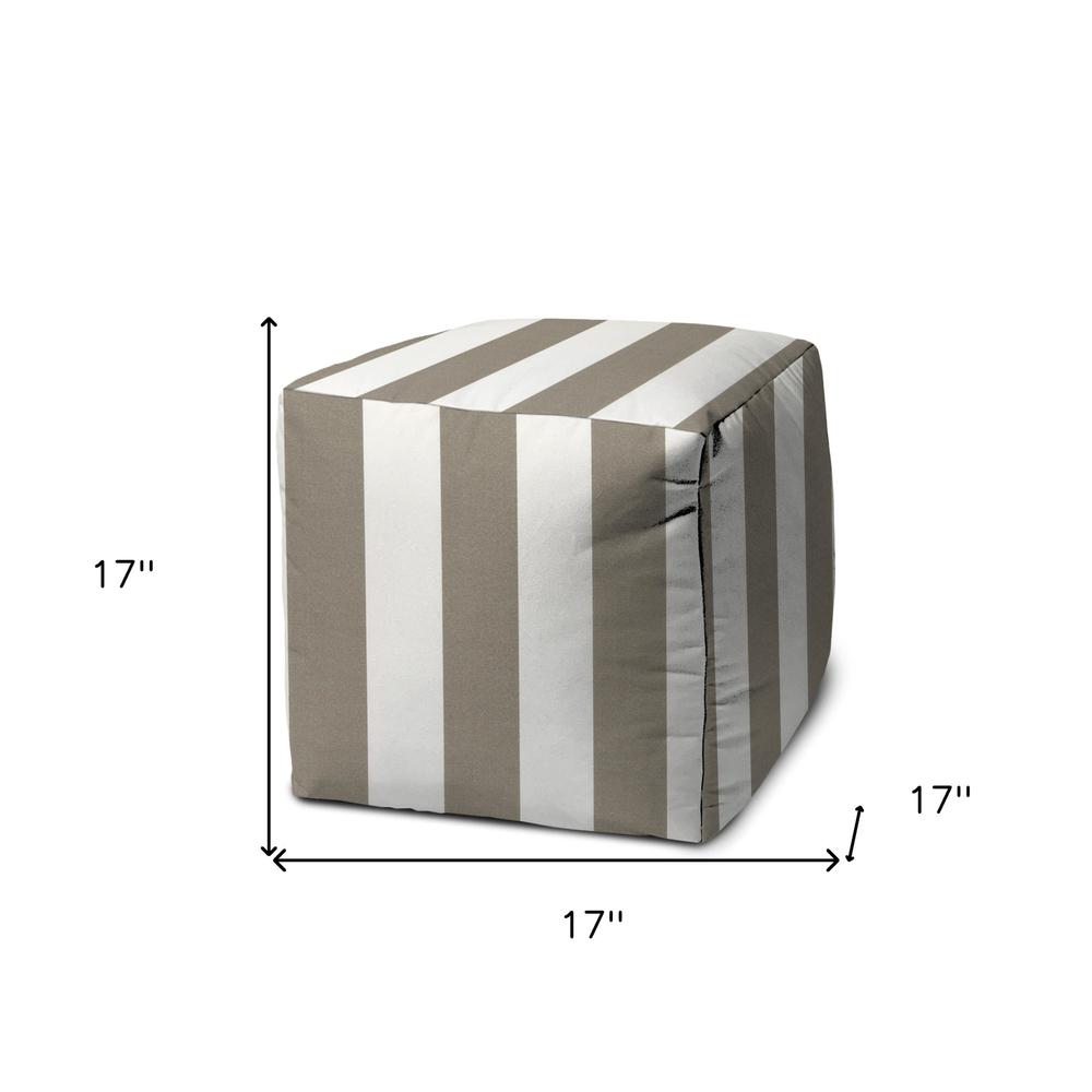 17" Taupe Polyester Cube Striped Indoor Outdoor Pouf Ottoman. Picture 5