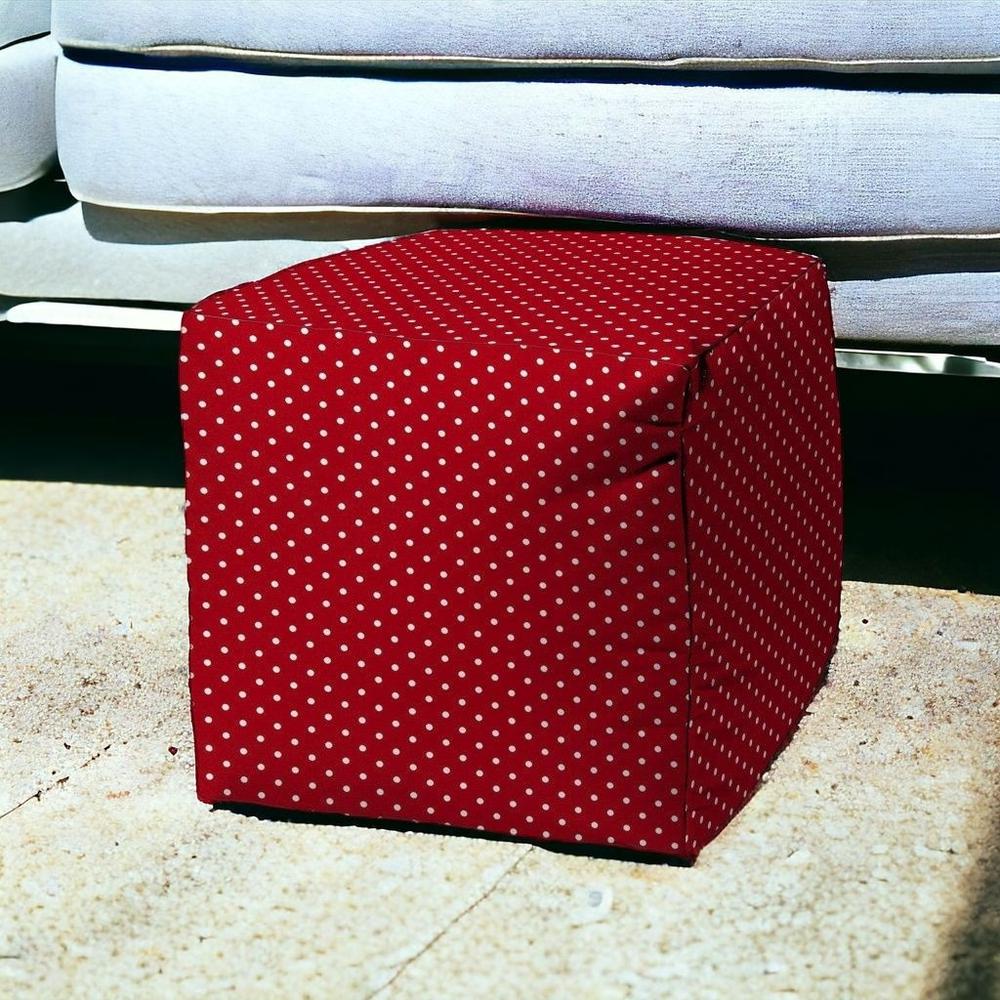 17" Red Polyester Cube Polka Dots Indoor Outdoor Pouf Ottoman. Picture 2