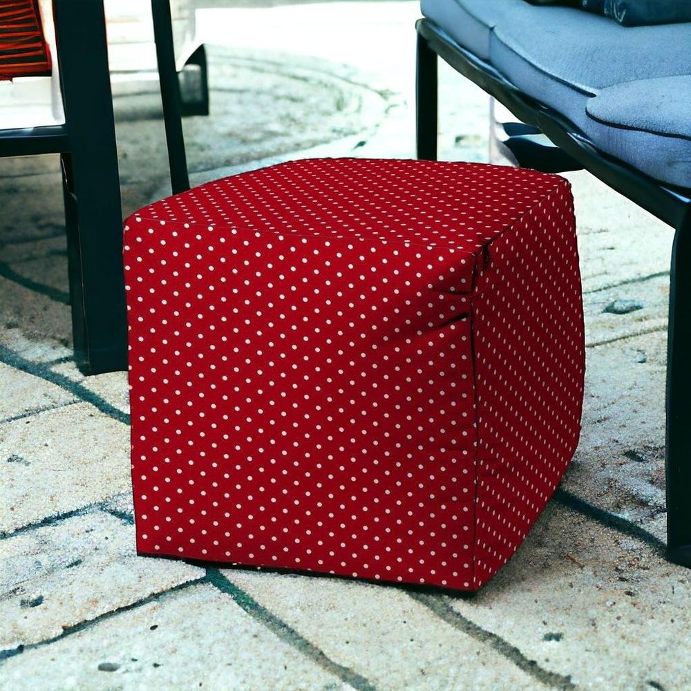 17" Red Polyester Cube Polka Dots Indoor Outdoor Pouf Ottoman. Picture 2