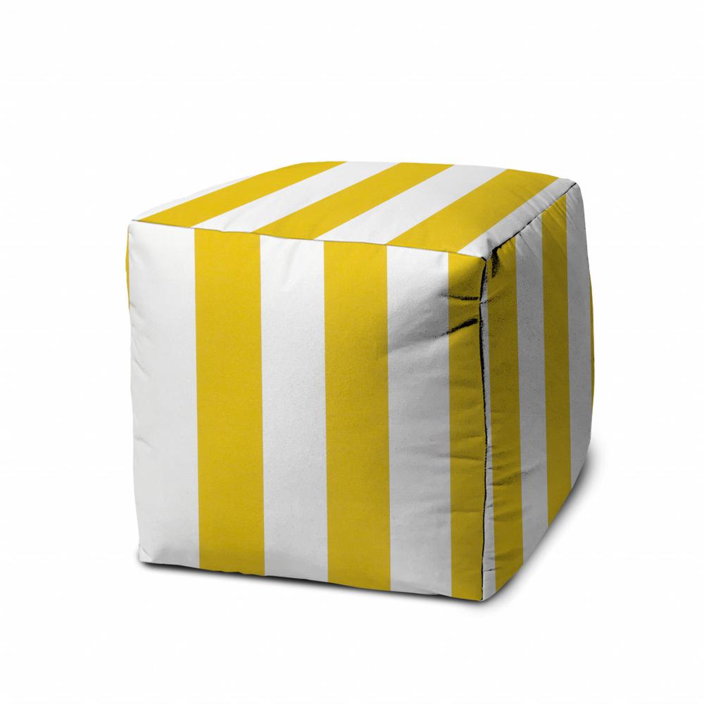 17" Yellow And White Polyester Cube Striped Indoor Outdoor Pouf Ottoman. Picture 1