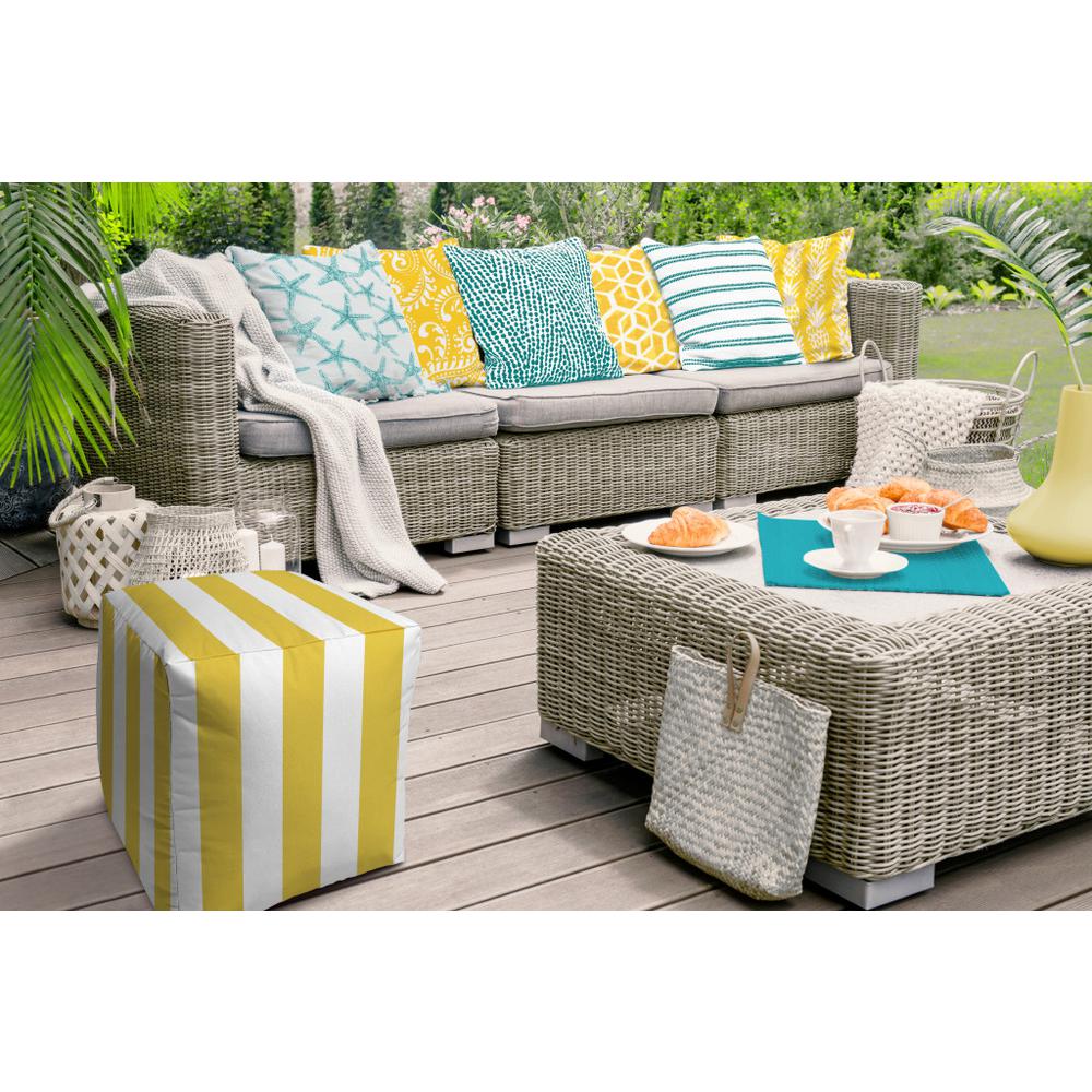 17" Yellow And White Polyester Cube Striped Indoor Outdoor Pouf Ottoman. Picture 3