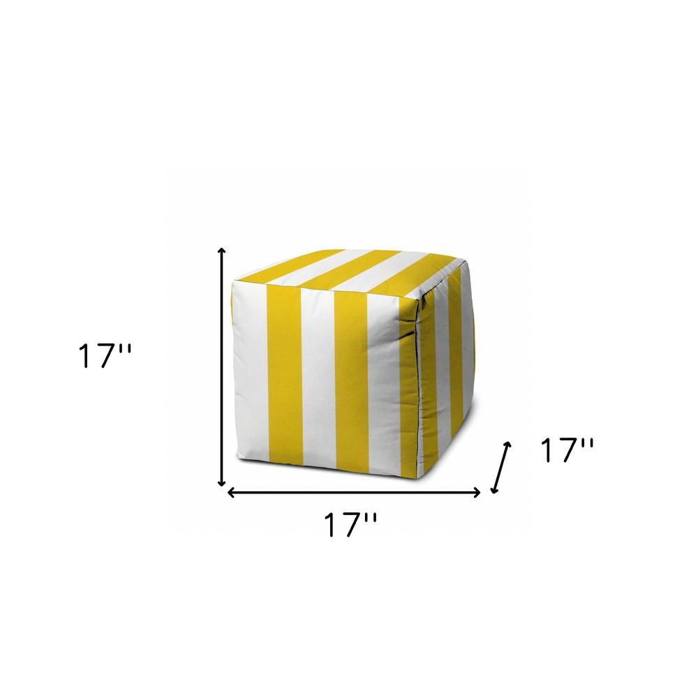 17" Yellow And White Polyester Cube Striped Indoor Outdoor Pouf Ottoman. Picture 5