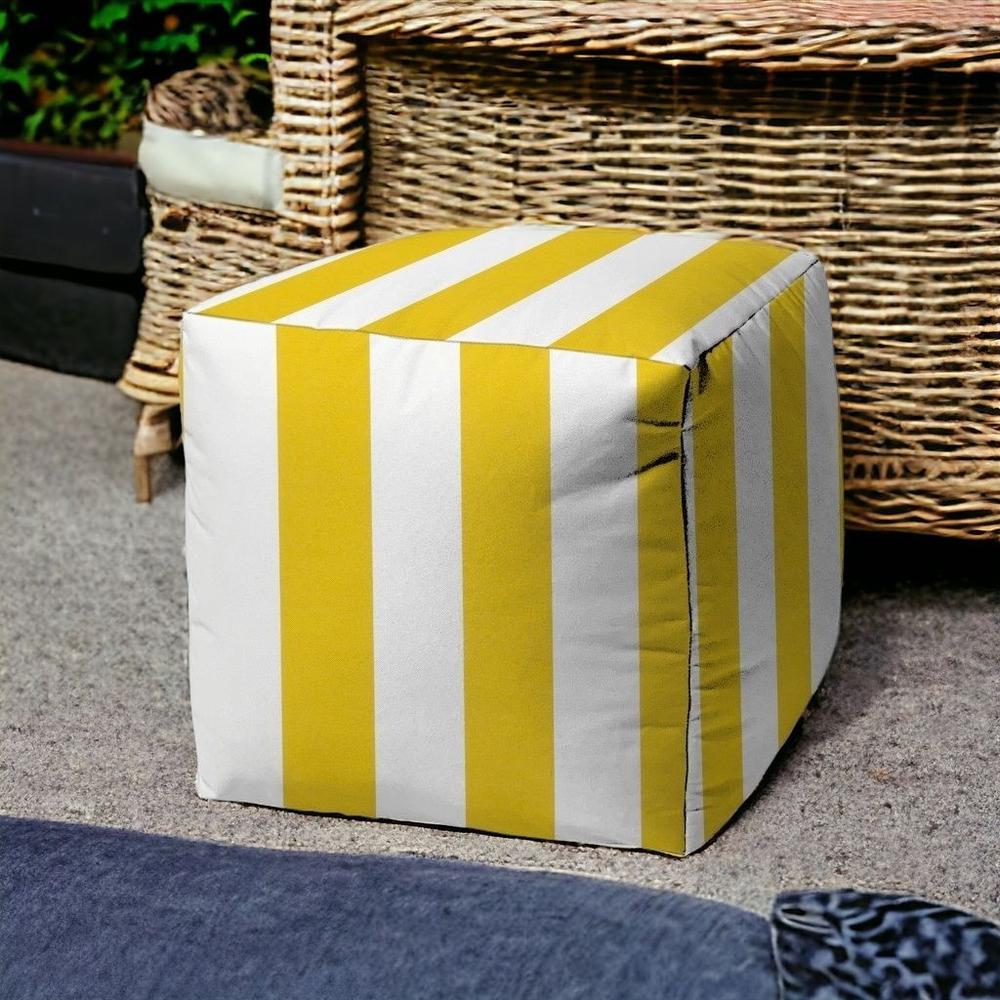 17" Yellow And White Polyester Cube Striped Indoor Outdoor Pouf Ottoman. Picture 2