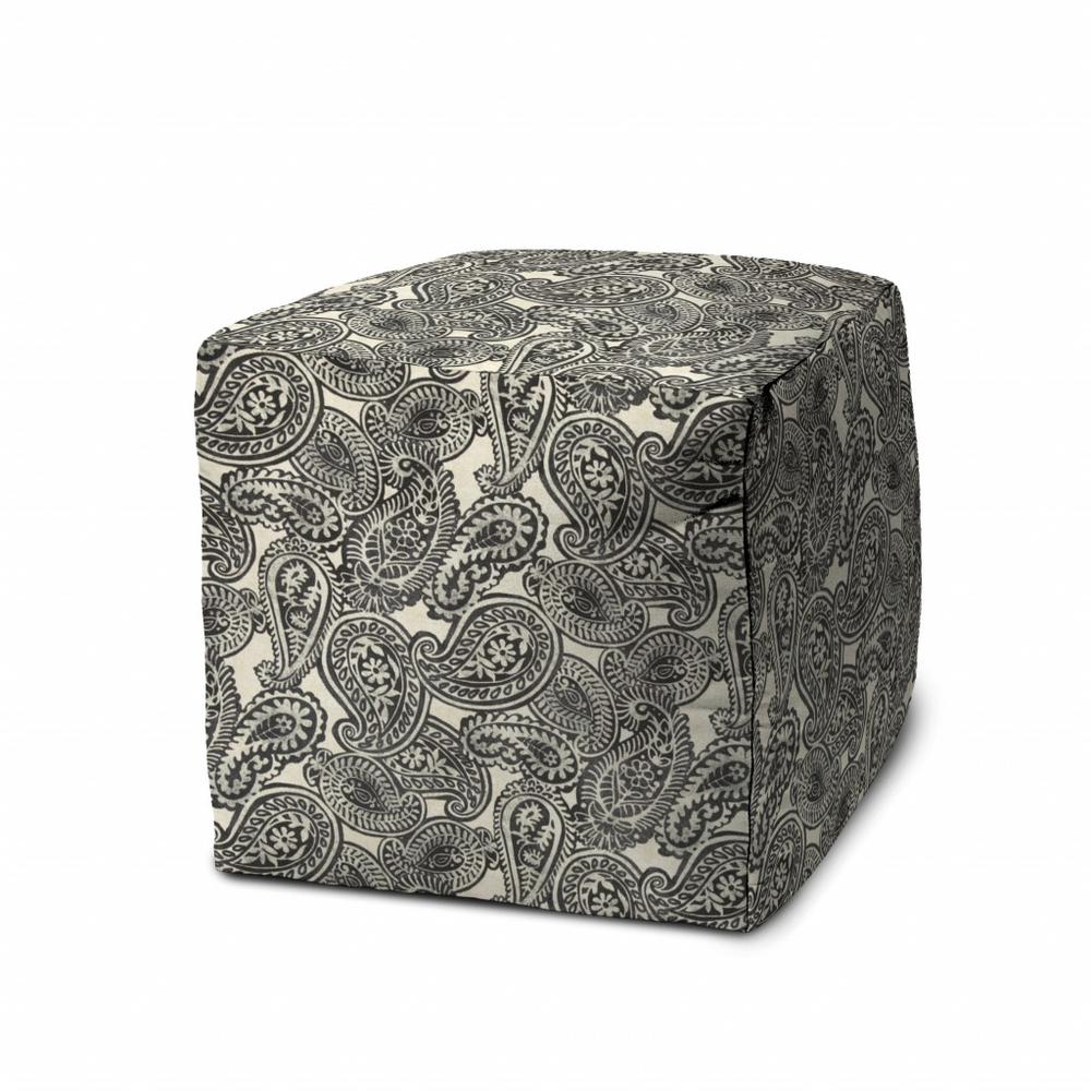 17" Gray Polyester Cube Paisley Indoor Outdoor Pouf Ottoman. Picture 1
