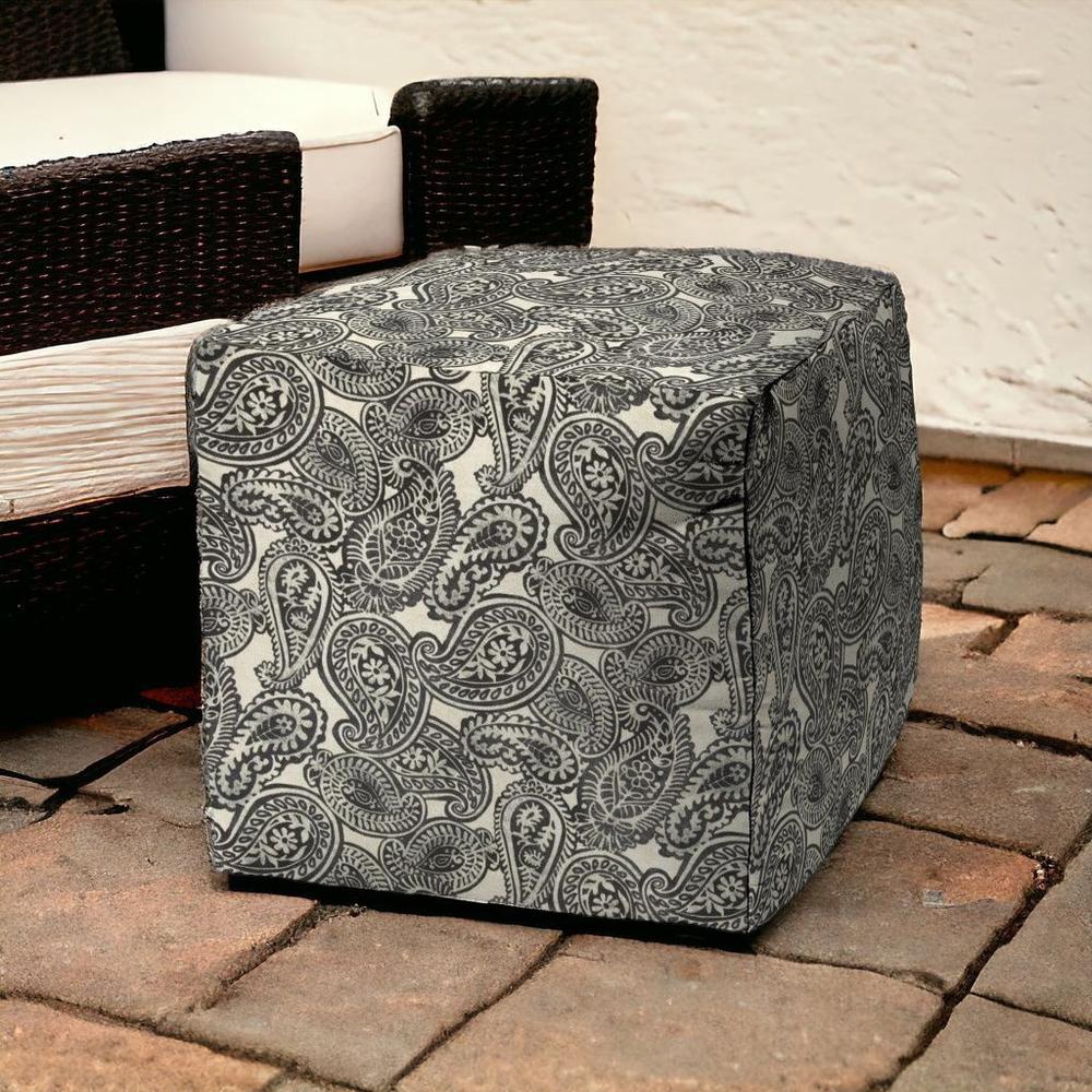 17" Gray Polyester Cube Paisley Indoor Outdoor Pouf Ottoman. Picture 2