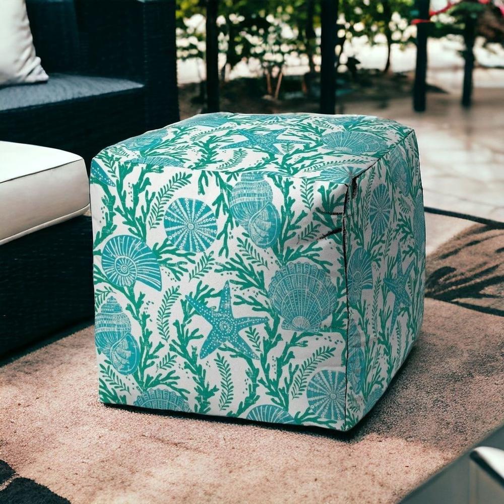 17" Turquoise Polyester Cube Indoor Outdoor Pouf Ottoman. Picture 2
