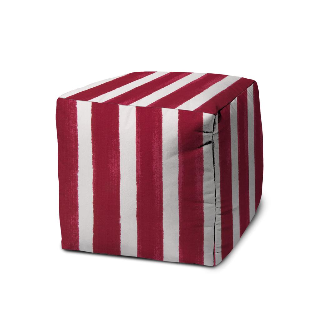 17" Red And White Polyester Cube Striped Indoor Outdoor Pouf Ottoman. Picture 1