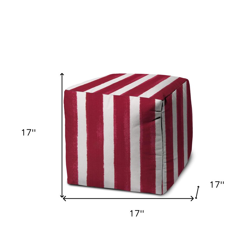 17" Red And White Polyester Cube Striped Indoor Outdoor Pouf Ottoman. Picture 5