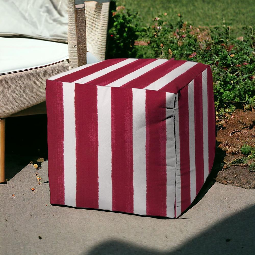17" Red And White Polyester Cube Striped Indoor Outdoor Pouf Ottoman. Picture 2