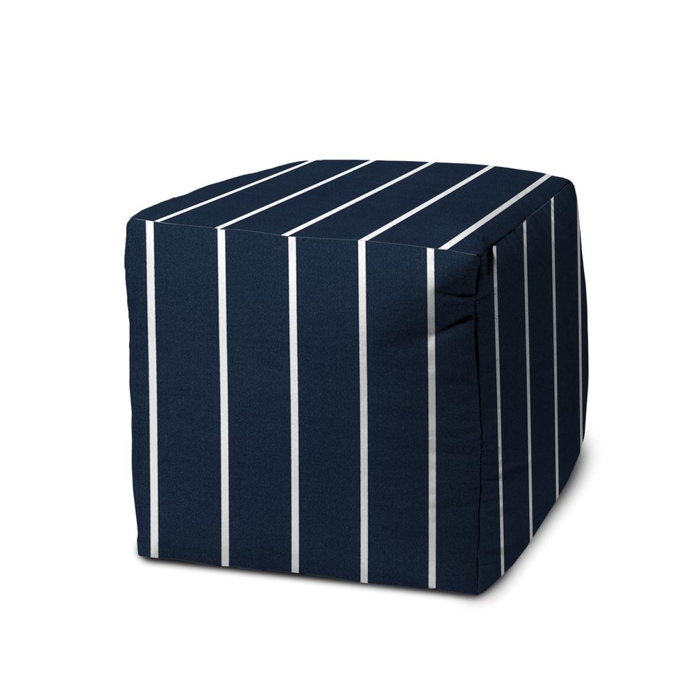 17" Blue Polyester Cube Striped Indoor Outdoor Pouf Ottoman. Picture 1