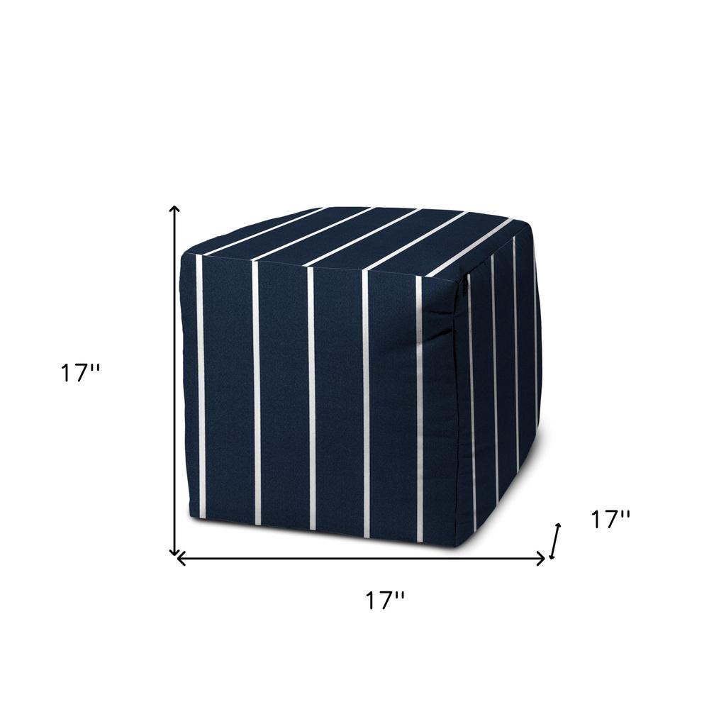 17" Blue Polyester Cube Striped Indoor Outdoor Pouf Ottoman. Picture 5