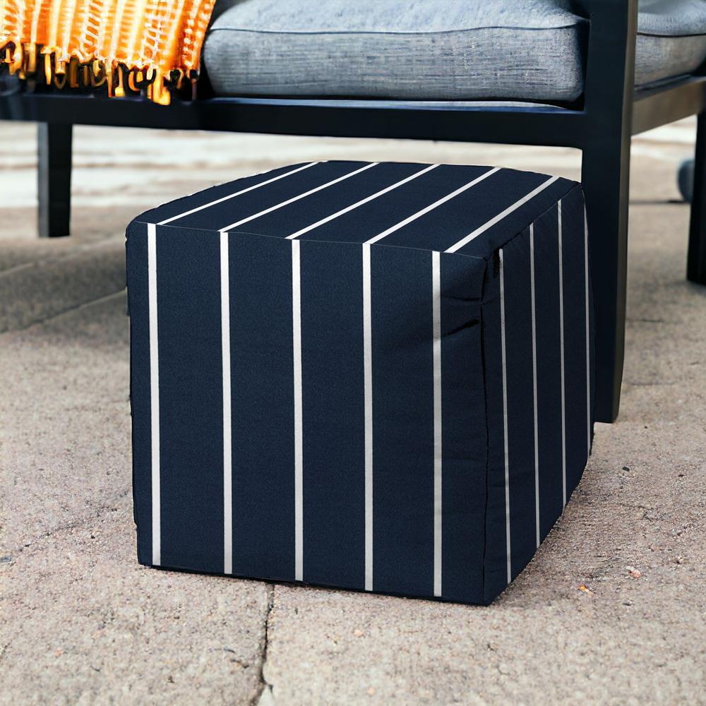 17" Blue Polyester Cube Striped Indoor Outdoor Pouf Ottoman. Picture 2