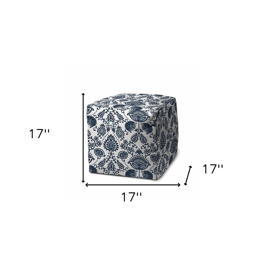 17" Blue Polyester Cube Indoor Outdoor Pouf Ottoman. Picture 5