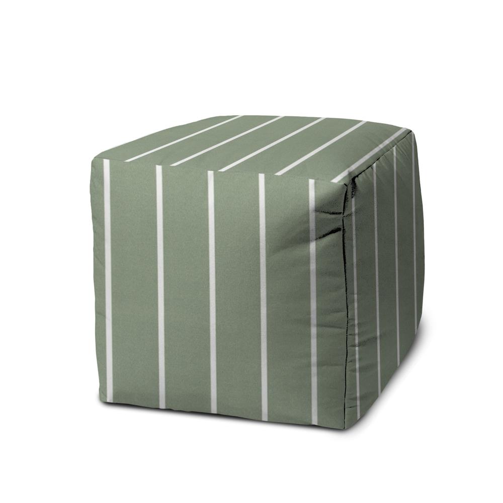 17" Green Polyester Cube Striped Indoor Outdoor Pouf Ottoman. Picture 1