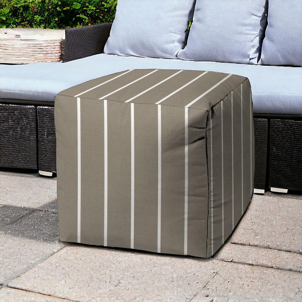 17" Taupe Polyester Cube Striped Indoor Outdoor Pouf Ottoman. Picture 2
