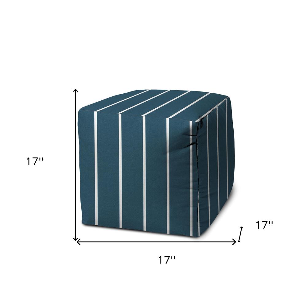 17" Turquoise Polyester Cube Striped Indoor Outdoor Pouf Ottoman. Picture 5