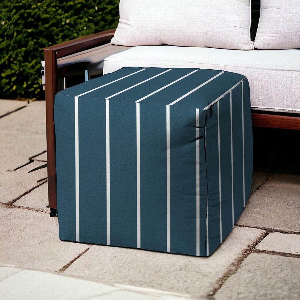 17" Turquoise Polyester Cube Striped Indoor Outdoor Pouf Ottoman. Picture 2