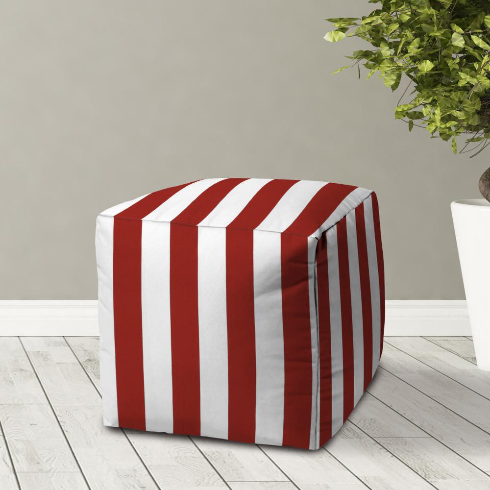 17" Red Polyester Cube Striped Indoor Outdoor Pouf Ottoman. Picture 3