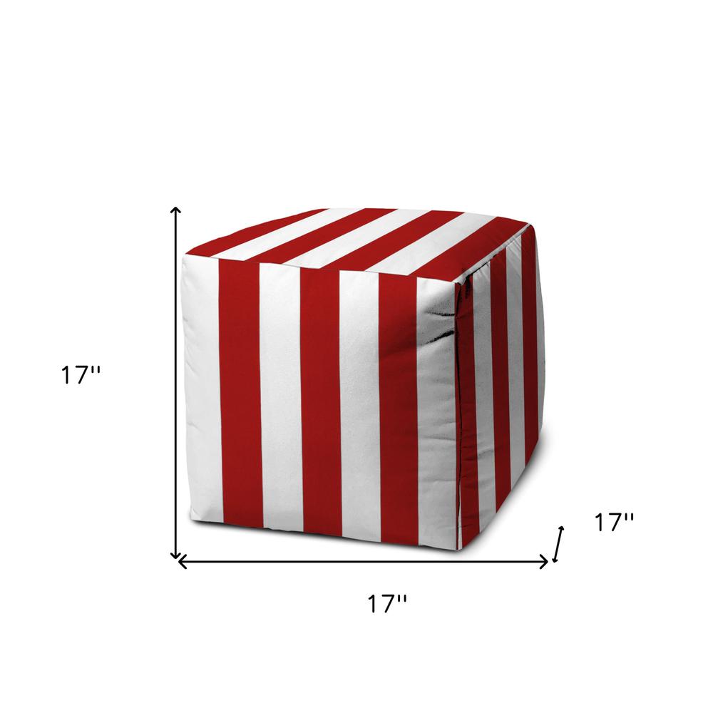 17" Red Polyester Cube Striped Indoor Outdoor Pouf Ottoman. Picture 6