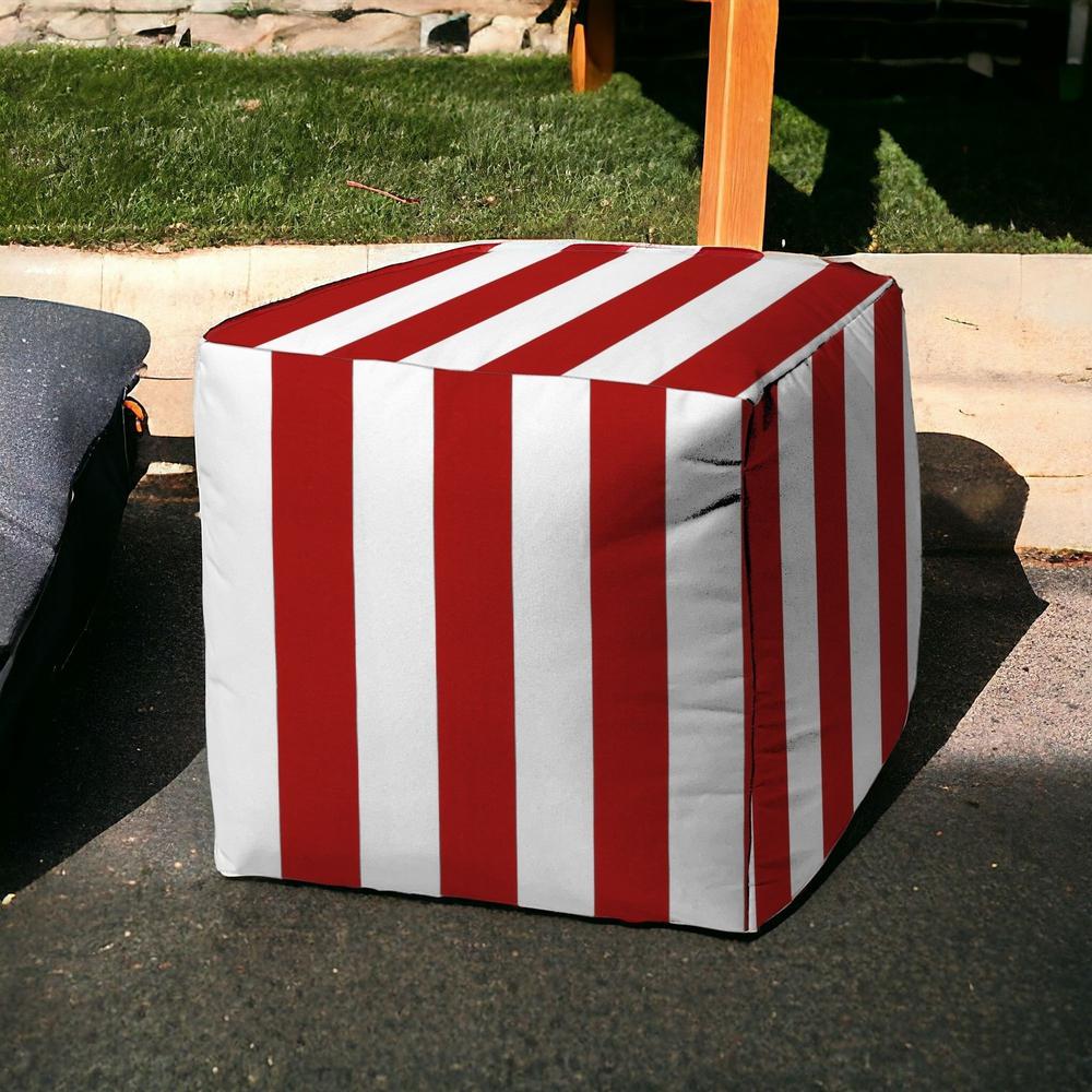 17" Red Polyester Cube Striped Indoor Outdoor Pouf Ottoman. Picture 2