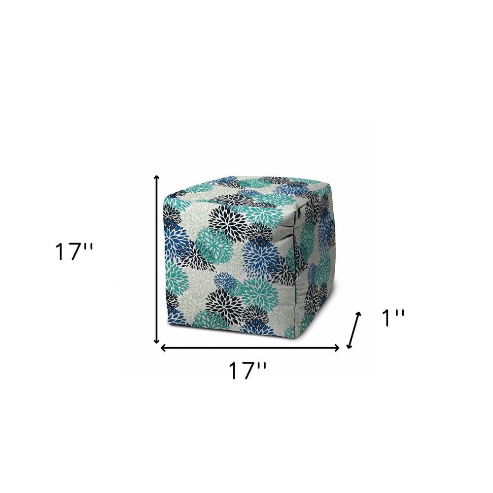 17" Blue Cube Floral Indoor Outdoor Pouf Cover. Picture 5