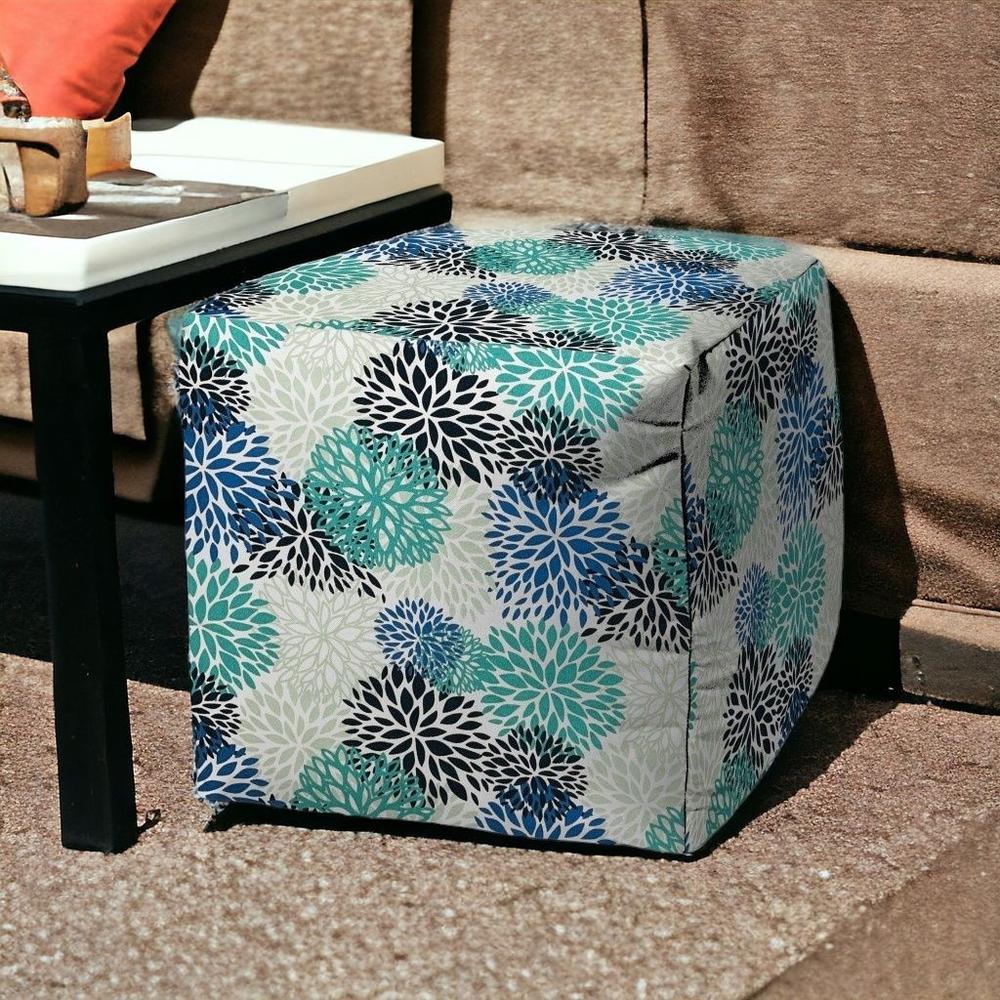 17" Blue Cube Floral Indoor Outdoor Pouf Cover. Picture 2