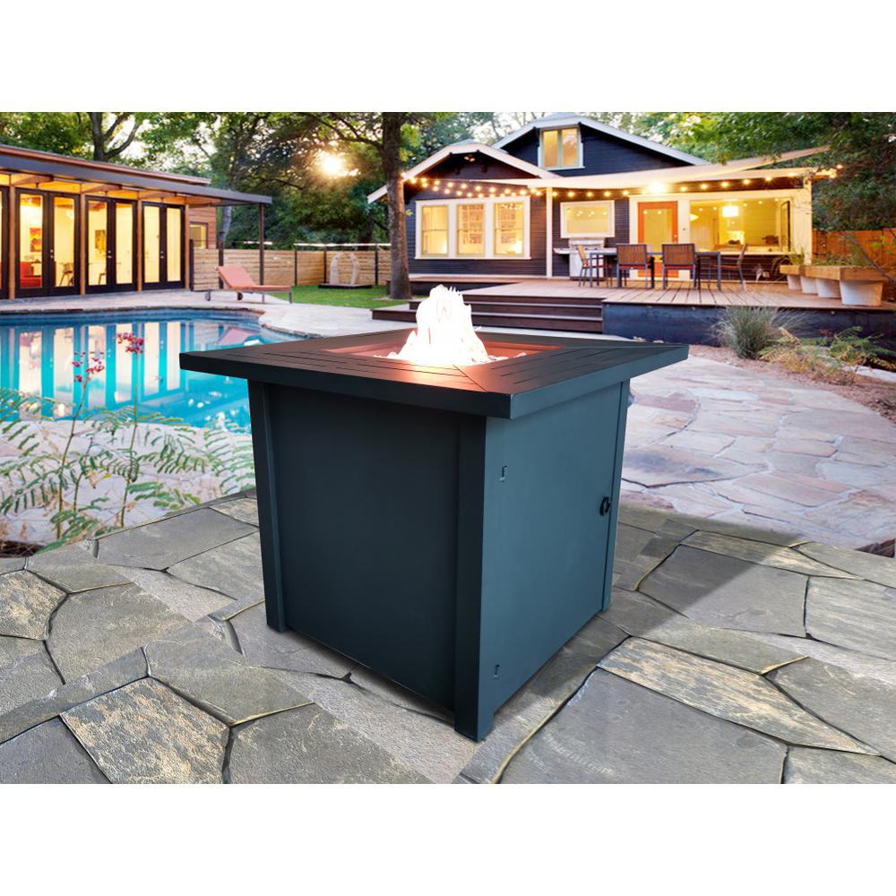 Black Top Slatted Metal Square Fire Pit with Glass Rocks. Picture 8