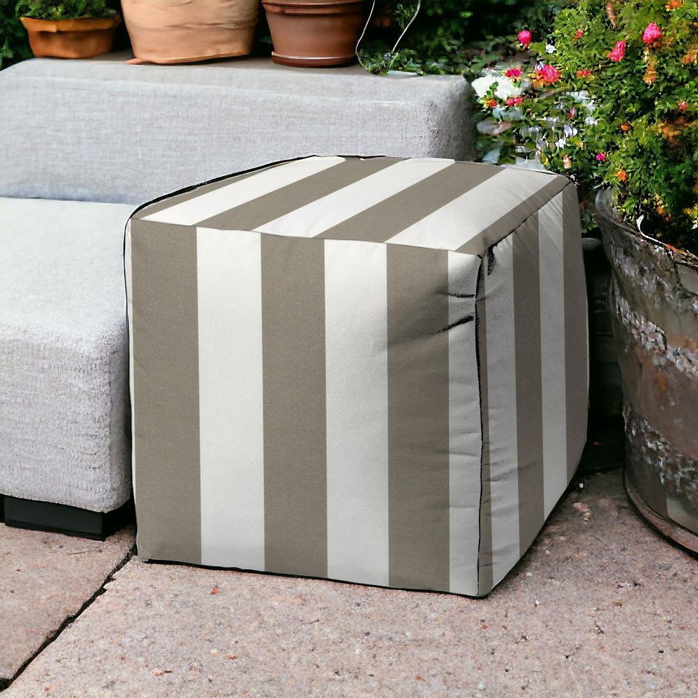 17" Taupe Cube Striped Indoor Outdoor Pouf Cover. Picture 2