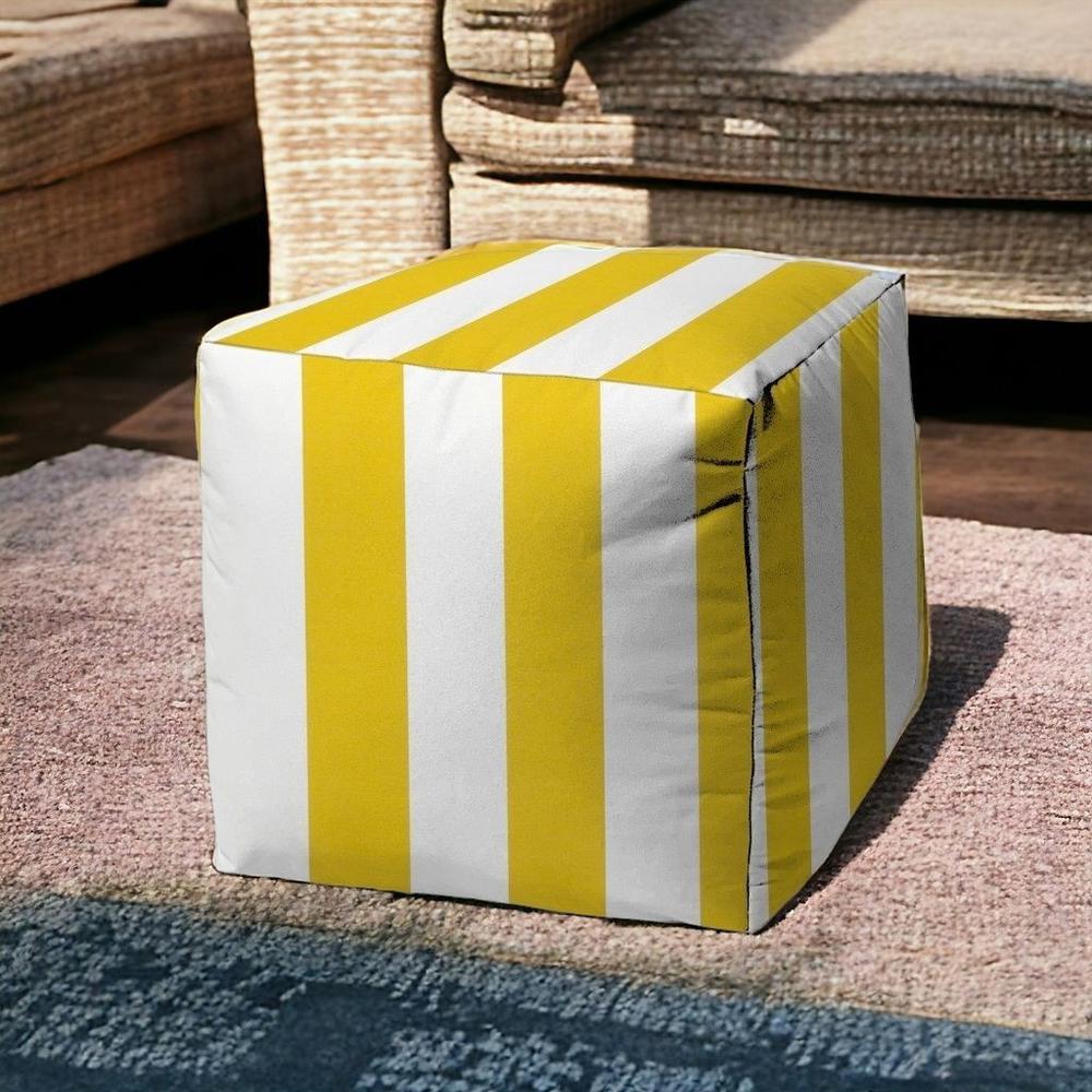 17" Yellow And White Cube Striped Indoor Outdoor Pouf Cover. Picture 2
