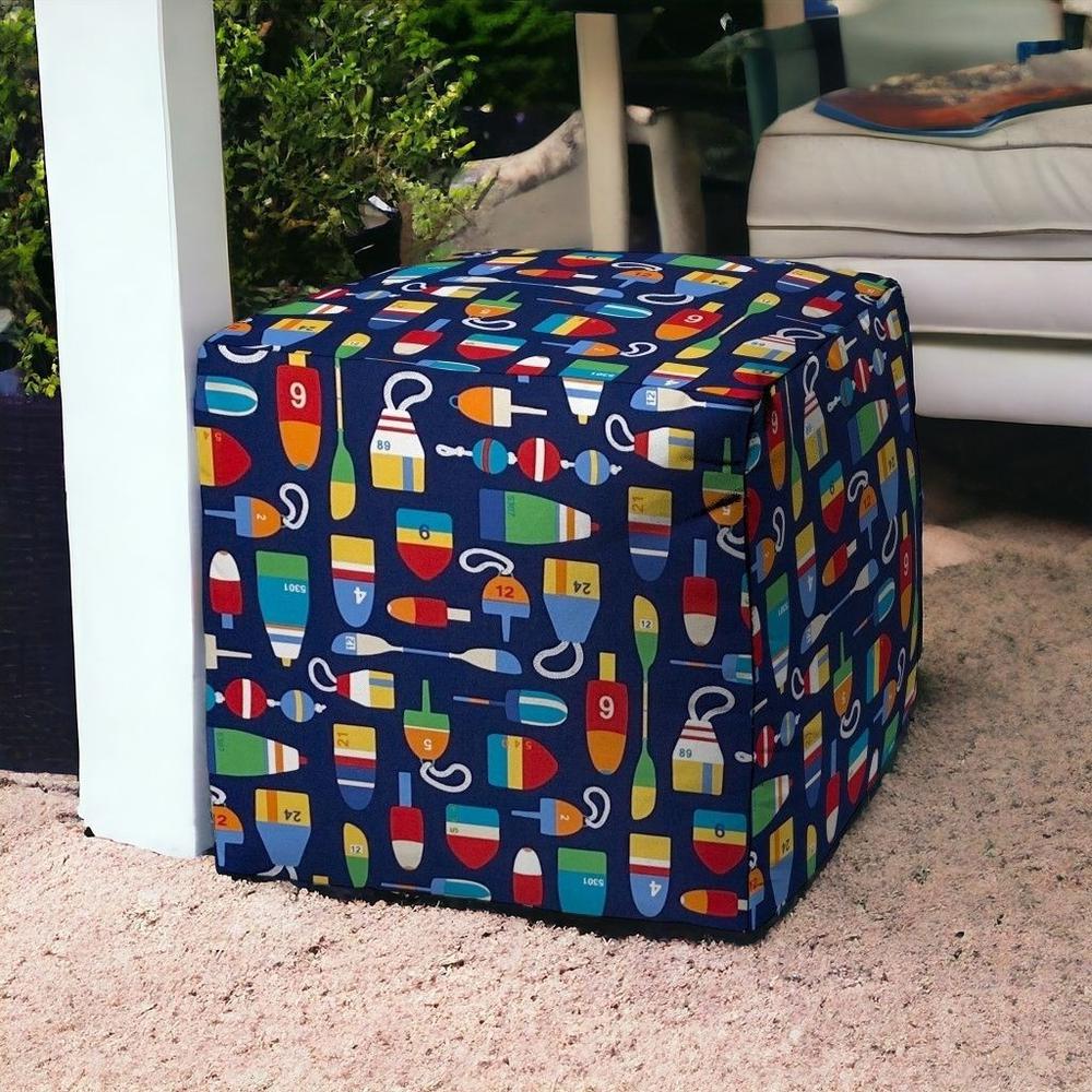 17" Blue Cube Indoor Outdoor Pouf Cover. Picture 2