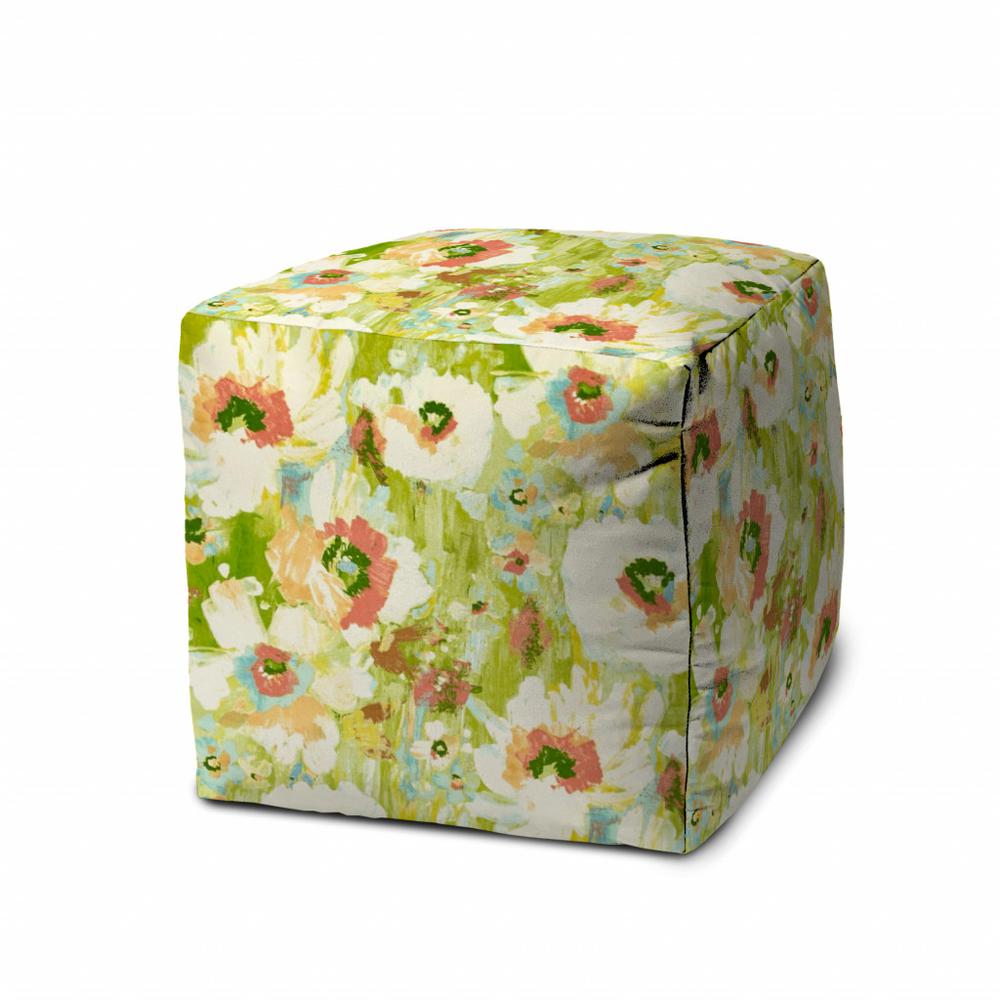 17" Green Cube Floral Indoor Outdoor Pouf Cover. Picture 1