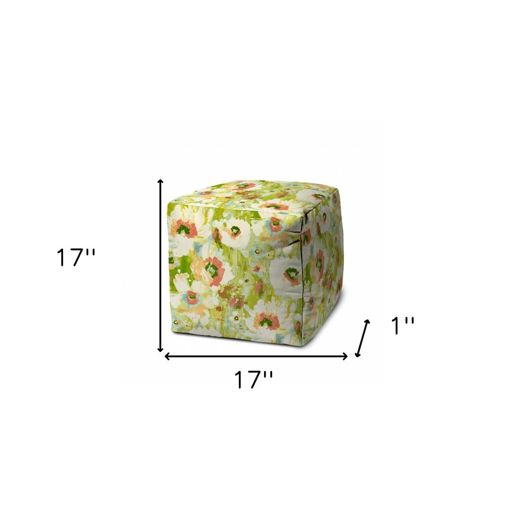 17" Green Cube Floral Indoor Outdoor Pouf Cover. Picture 5