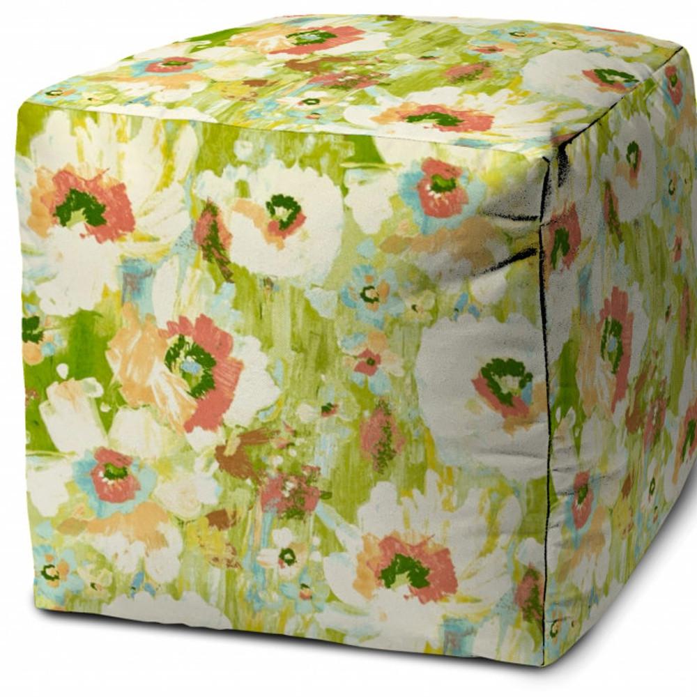 17" Green Cube Floral Indoor Outdoor Pouf Cover. Picture 4