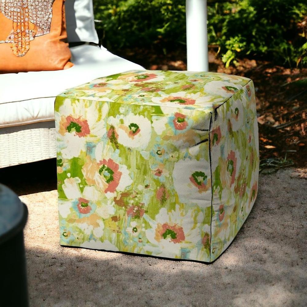 17" Green Cube Floral Indoor Outdoor Pouf Cover. Picture 2